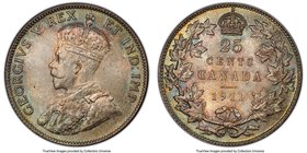 George V 25 Cents 1911 MS65 PCGS, Ottawa mint, KM18. One year type and first year of George V's reign, toned in shades of sea-foam green and russet an...