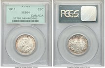 George V 25 Cents 1911 MS64 PCGS, Ottawa mint, KM18. This scarce one-year type has full mint luster with touches of golden toning around the peripheri...