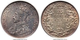 George V Specimen 25 Cents 1911 SP63 PCGS, Ottawa mint, KM18. Fully choice, with speckled maroon and metallic tones draped over the obverse, the whole...