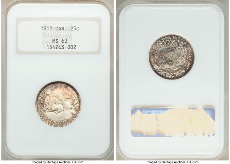 George V 25 Cents 1912 MS62 NGC, Ottawa mint, KM24. Fully lustrous and sharply s...