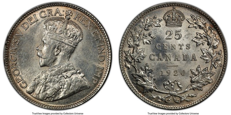 George V 25 Cents 1920 MS64 PCGS, Ottawa mint, KM24a. A brilliant silky near-gem...