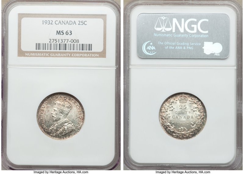 George V 25 Cents 1932 MS63 NGC, Ottawa mint, KM24a. Mottled gold and blue tonin...