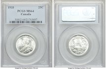 George V 25 Cents 1933 MS64 PCGS, Royal Canadian mint, KM24a. Vibrant cartwheel luster with amazing blast white frostiness.

HID09801242017