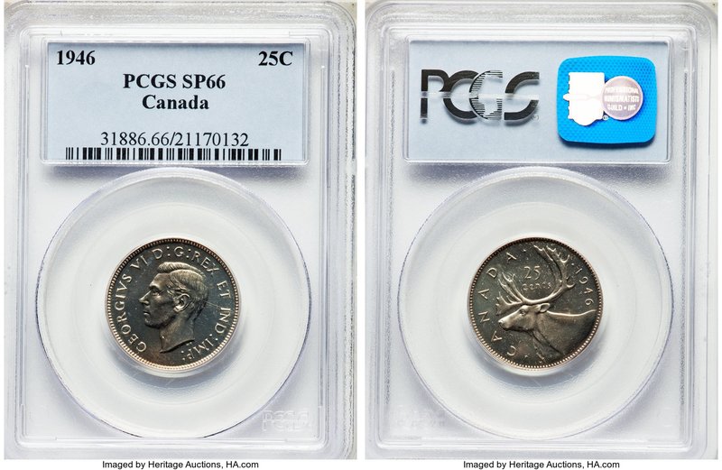 George VI Specimen 25 Cents 1946 SP66 PCGS, Royal Canadian mint, KM35. A pristin...