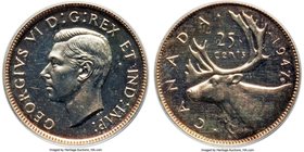 George VI Specimen "Maple Leaf" 25 Cents 1947 SP64 PCGS, Royal Canadian mint, KM35. Mostly brilliant with light frost on the central devices. A touch ...