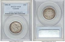 4-Piece Lot of Certified 25 Cents PCGS, 1) Victoria 25 Cents 1882-H - VF35, Heaton mint, KM5 2) Victoria 25 Cents 1899 - XF45, London mint, KM5 3) Vic...