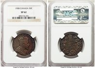 Edward VII Specimen 50 Cents 1908 SP62 NGC, Ottawa mint, KM12. An offering conveying unique visual appeal, the right half the obverse bathed in crimso...