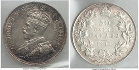 George V 50 Cents 1911 AU58 ICCS, Ottawa mint, KM12. A handsome coin with argent-gray centers and multi-colored peripheral tone. 

HID09801242017