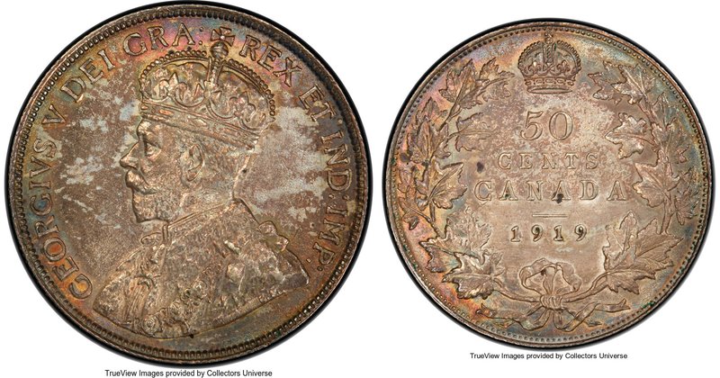 George V 50 Cents 1919 MS62 PCGS, Ottawa mint, KM25. A scarce offering so near c...
