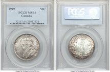 George V 50 Cents 1929 MS64 PCGS, Ottawa mint, KM25a. The obverse with an overall grey tone with subdued underlying luster, the reverse with satiny ca...