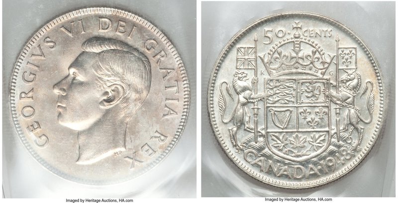 George VI 50 Cents 1948 MS64 ICCS, Royal Canadian mint, KM45. Exhibits a gentle ...