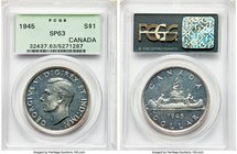 George VI Specimen Dollar 1945 SP63 PCGS, Royal Canadian mint, KM37. Choice surfaces with deeply mirrored surfaces and good luster. Rarely encountered...