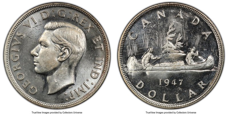 George VI "Blunt 7" Dollar 1947 MS64 PCGS, Royal Canadian mint, KM37. Blunt 7 va...