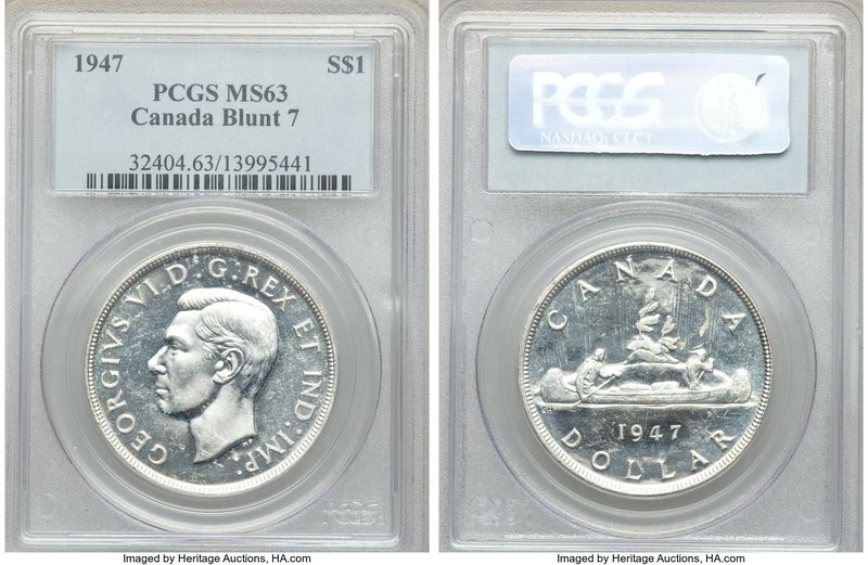 George VI "Blunt 7" Dollar 1947 MS63 PCGS, Royal Canadian mint, KM37. Full white...