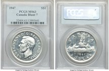 George VI "Blunt 7" Dollar 1947 MS63 PCGS, Royal Canadian mint, KM37. Full white brilliance with light marks. The fields are mirrored and the devices ...