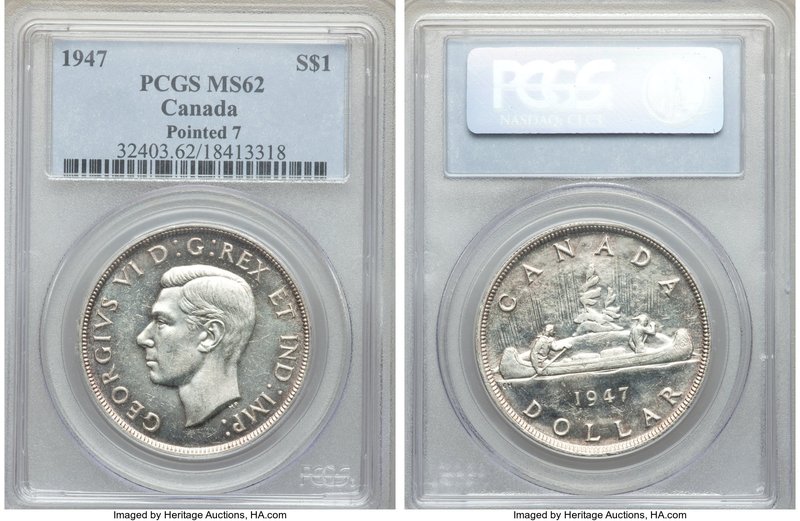 George VI "Pointed 7" Dollar 1947 MS62 PCGS, Royal Canadian mint, KM37. White lu...