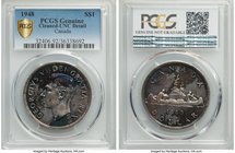 George VI Dollar 1948 UNC Detail (Cleaned) PCGS, Royal Canadian mint, KM46. A scarce key date within the George VI series, richly patinated despite th...