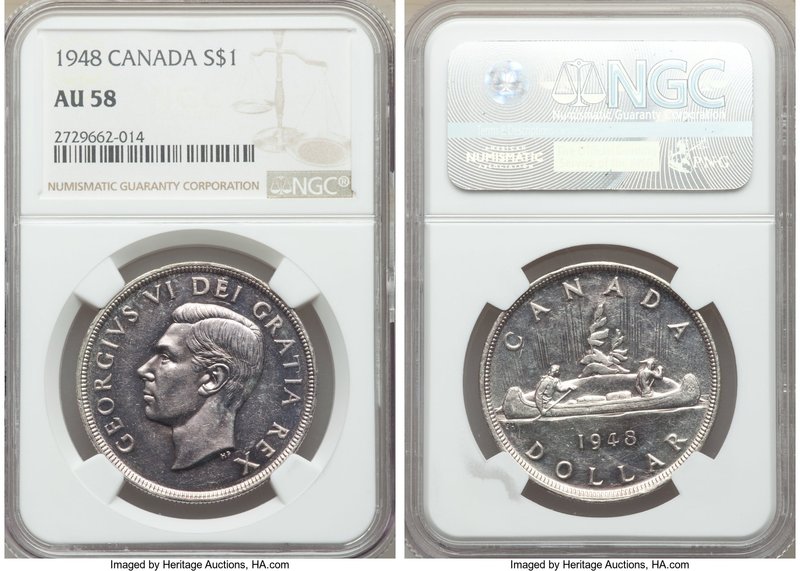 George VI Dollar 1948 AU58 NGC, Royal Canadian mint, KM46. An integral date with...