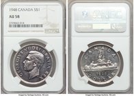 George VI Dollar 1948 AU58 NGC, Royal Canadian mint, KM46. An integral date with a low mintage of only 18,780. A quite handsome example with mirrored ...