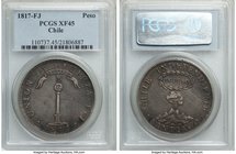 Republic "Volcano" Peso 1817 SANTIAGO-FJ XF45 PCGS, Santiago mint, KM82.2. Variety with Y to left of banner. A classic Chilean type, notoriously diffi...