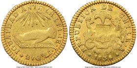 Republic gold Escudo 1838 So-IJ XF40 NGC, Santiago mint, KM99. Strong relief in the denticles with characteristic central striking weakness, and quite...