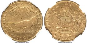 Republic gold 4 Escudos 1836 So-IJ VF30 NGC, Santiago mint, KM95. A scarce two year type with hand on the constitution and sun's rays above. The minta...