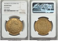 Ferdinand VII gold 8 Escudos 1815 NR-JF AU Details NGC, Nuevo Reino mint, KM66.1. Assayer "JF". A transitional type with the portrait of the previous ...