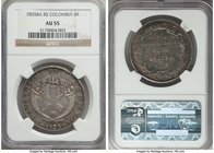 Republic 8 Reales 1835 BA-RS AU55 NGC, Bogota mint, KM89. Beautifully toned to an antique slate gray with a light tinge of rainbow color that intensif...