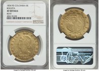 Republic gold 8 Escudos 1834 BOGOTA-RS XF Details (Bent) NGC, Bogota mint, KM82.1. Luster still present.

HID09801242017