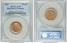 Nueva Granada gold 5 Pesos 1857-B AU50 PCGS, Bogota mint, KM120.1. An ever-popular type with light toning and a lovely strike. A minor planchet flat n...
