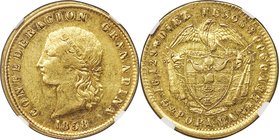 Nueva Granada gold 10 Pesos 1858-POPAYAN AU55 NGC, Popayan mint, KM122.2, Fr-86. Benefitting from a balanced strike, this near-uncirculated example re...