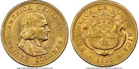 Republic gold 20 Colones 1897 AU55 NGC, Philadelphia mint, KM141. The first year of this popular type with the portrait of Columbus. Shimmering luster...