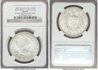 Republic Souvenir Peso 1897 MS64 NGC, Gorham mint, KMX-M3. Variety with closely spaced date and stars above the 1897 baseline. A gorgeous rendition of...