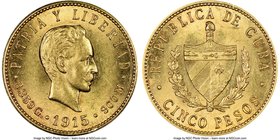 Republic gold 5 Pesos 1915 MS62 NGC, Philadelphia mint, KM19.

HID09801242017