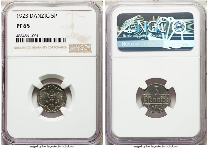 Free City Proof 5 Pfennig 1923 PR65 NGC, KM142. A covetable Proof, particularly ...