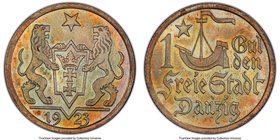 Free City Gulden 1923 MS66 PCGS, KM145. Presently tied for the very finest business strike of the type yet seen by PCGS, bathed in a soft iridescence ...