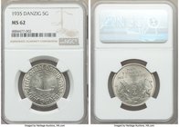 Free City 5 Gulden 1935 MS62 NGC, KM158. An exceptionally elusive single year issue as it approaches choice, brilliant original surfaces revealing onl...