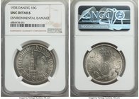 Free City 10 Gulden 1935 UNC Details (Environmental Damage) NGC, KM159. The rarest denomination in this already highly collectible series, the noted e...