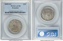 Republic 2 Reales 1849 QUITO-GJ AU58 PCGS, Quito mint, KM33. The second finest of this conditionally rare date in the PCGS census--the next finest bei...