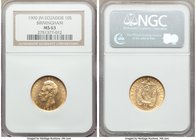 Republic gold 10 Sucres 1900-JM MS63 NGC, Birmingham mint, KM56. A difficult emission in choice, evincing fewer bagmarks than could usually be expecte...