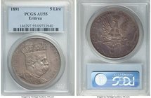 Italian Colony. Umberto I 5 Lire (Tallero) 1891 AU55 PCGS, KM4. Delightful aged steel surfaces reveal a stunning backlight of autumnal color on the re...
