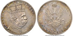 Italian Colony. Umberto I 5 Lire (Tallero) 1891 AU53 NGC, KM4. Possessing an eye appeal seemingly above its assigned grade, rich variegated cabinet to...