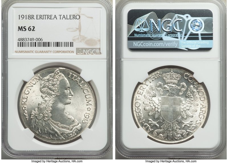 Italian Colony. Vittorio Emanuele III Tallero 1918-R MS62 NGC, Rome mint, KM5. E...