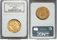Charles VI gold Ecu d'Or a la couronne ND (1380-1422) MS62 NGC, St. Quentin mint (star in center of cross), Fr-291, Dup-369. +KAROLVS: DЄI: GRACIA: FR...