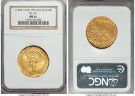 Charles VI gold Ecu d'Or a la couronne ND (1380-1422) MS61 NGC, St. Quentin mint (star in center of cross), Fr-291, Dup-369. +KAROLVS: DЄI: GRACIA: FR...