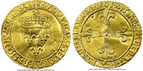 Louis XII gold Ecu d'Or au Soleil ND (1498-1515) AU53 NGC, Lyon mint (pellet beneath 12th letter), Fr-323, Dup-647. 3.38gm. (crowned lis) LV∂OVICVS: ∂...