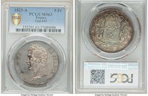 Charles X 5 Francs 1825-A MS63 PCGS, Paris mint, KM720.1, Gad-643. Absolutely exceptional for the assigned grade with notably prooflike characteristic...