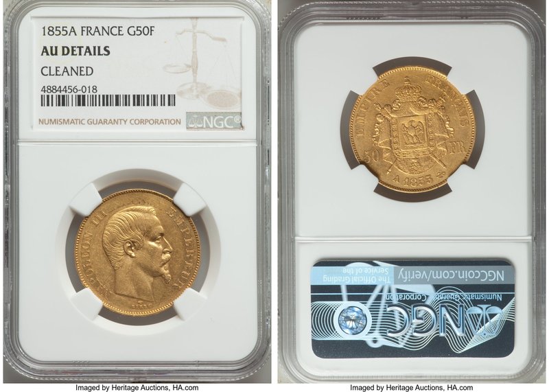 Napoleon III gold 50 Francs 1855-A AU Details (Cleaned) NGC, Paris mint, KM785.1...