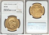 Napoleon III gold 100 Francs 1858-A AU58 NGC, Paris mint, KM786.1. AGW 0.9334 oz. 

HID09801242017