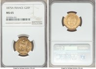 Republic gold 20 Francs 1875-A MS65 NGC, Paris mint, KM825.

HID09801242017